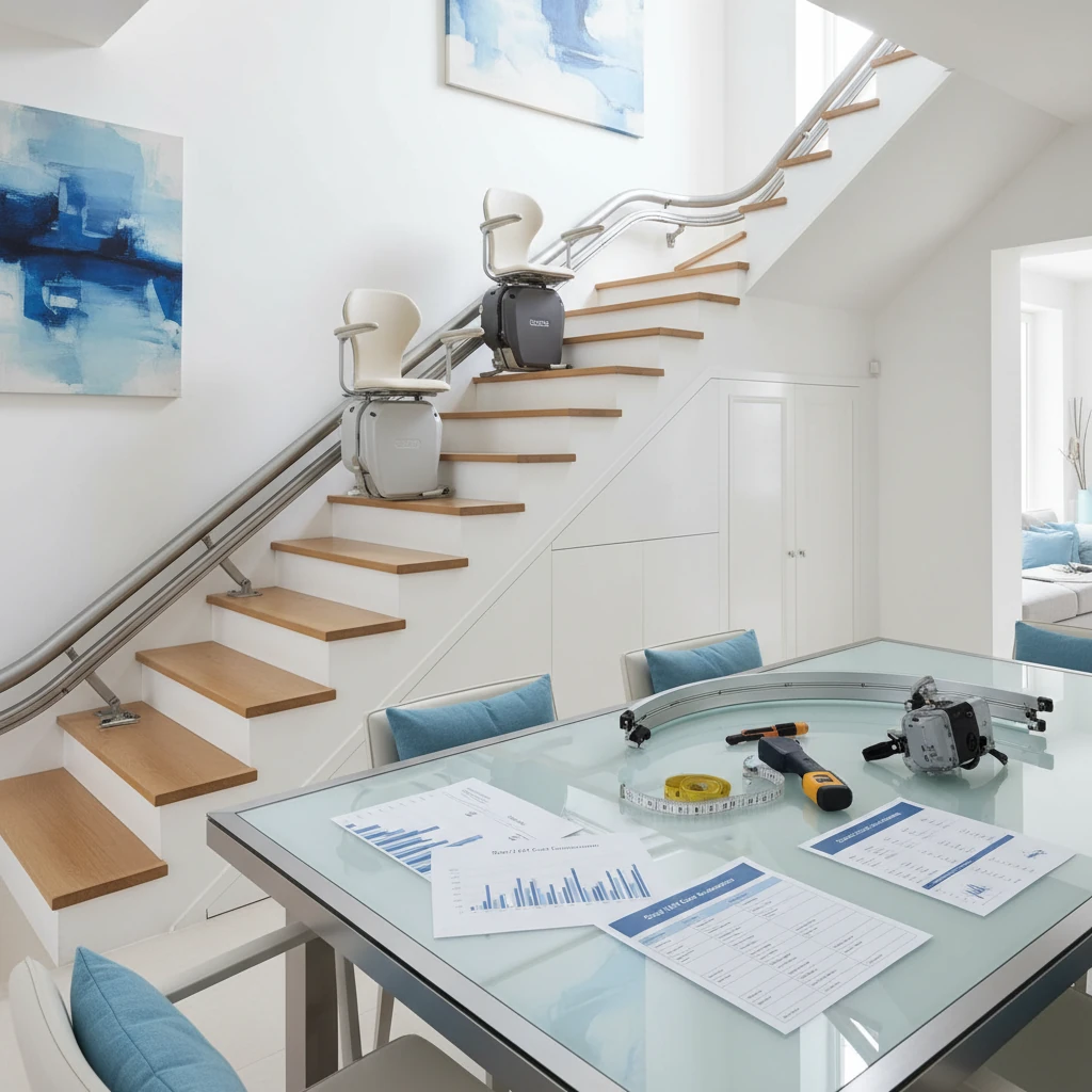 how stair lift installation works showing rail and chair setup on staircase in a residential home